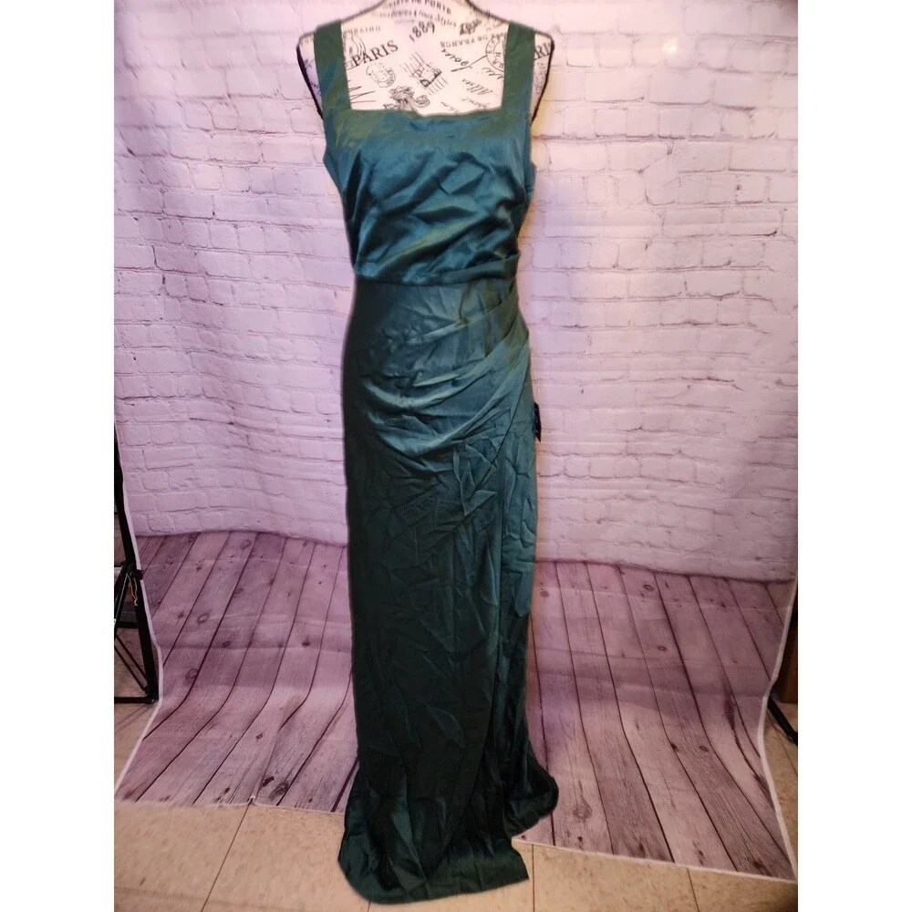 Lulus Red Carpet Romance Maxi Dress Womens Medium Green Satin Square Neck